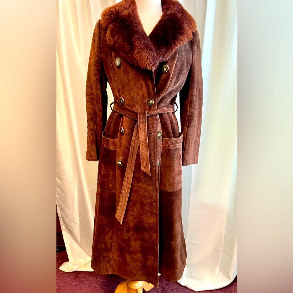 Vintage split cowhide brown suede coat lamb collar wrap style size Med